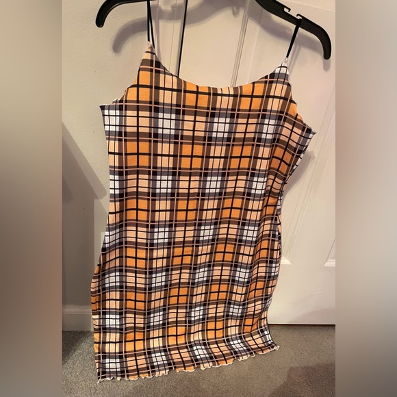 SHEIN Dresses & Skirts - Yellow Plaid Bodycon Cami Slip Mini Dress with Lettuce Trim